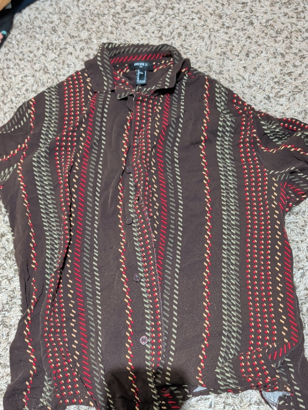 Forever 21 Brown Button-Up Shirt with Red & Olive Stripe Detail